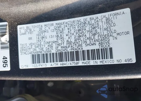 2011 Toyota Tacoma Base V6 z USA, uszkodzony, nr VIN 3TMLU4EN4BM074986